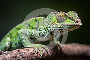 Bright Green Chameleon Perched on Branch