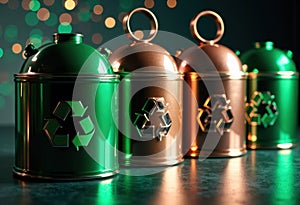 Colorful recycling bins with eco-friendly symbols arranged on a reflective