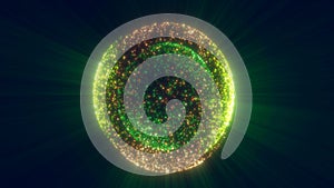 Bright green energy sphere filled with shimmering particles and glowing light reflections