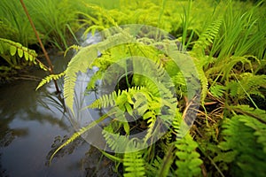 bright green ferns thriving in marshy soil