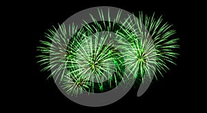 Bright green fireworks explode dramatically in the night sky