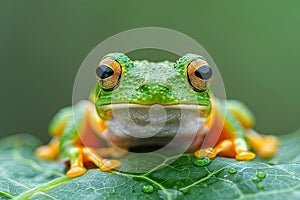 A bright green frog with orange feet is sitting on a leaf and looking at the camera.