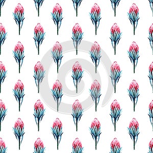 Bright green herbal tropical wonderful floral summer pattern of a pink protea flowers watercolor
