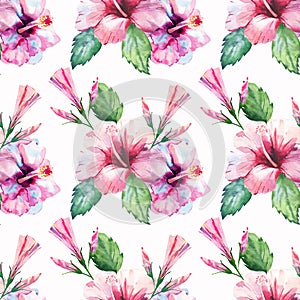 Bright green herbal tropical wonderful hawaii floral summer pattern tropic pink red violet blue flowers hibiscus