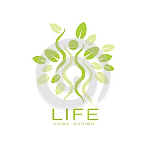 Bright green life logo with human silhouette and leaves. Natural and healthy living. Flat vector emblem for yoga studio