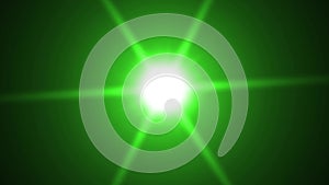 Bright green light appearing and dissappearing while moving by curved trajectory and spinning on black background