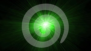 Bright green light with flickering rays appearing and dissappearing while moving by curved trajectory and spinning on