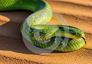 A bright green snake with smooth, glossy scales is coiled on a