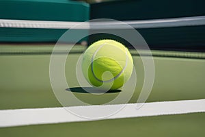 Bright green tennis ball on the tennis court with a blurred background, close up