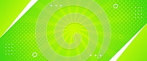 Bright green-yellow abstract geometric banner background. Comic sunburst effect background with halftone