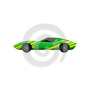 Bright green-yellow racing car. Fast sports automobile with tinted windows. Flat vector element for mobile game