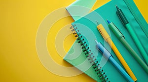 Bright green and yellow school stationary on yellow background.