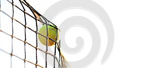 Bright greenish yellow tennis ball hitting the net photo
