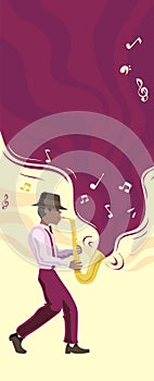 Bright greeting card. Poster of music jazz. Saxophonist.