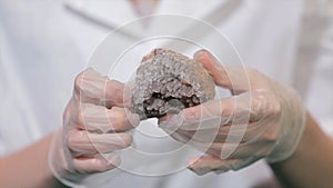 Bright grey ruby crystal ore in hands with gloves. Crystallization is the natural or artificial process by which a solid