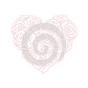 Bright Hand Drawn Floral Heart Symbol Vector Illustration. Pink Roses Isolated on a White.