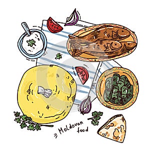 Bright hand drawn illustration of national moldovan food