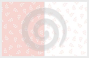 Bright Hand Drawn Leaves Vector Patterns. Light Pink and White Color Design.