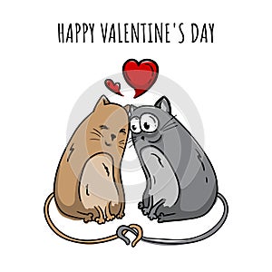 Bright hand drawn postcard of two cats in love with hearts and text Happy Valentine's Day