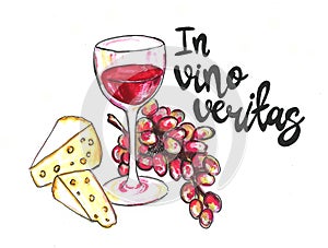 Bright hand drawn watercolor wine design elements in vino veritas verity in wine. Cheese, olives, grapes glass, lettering photo
