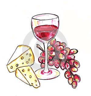 Bright hand drawn watercolor wine design elements in vino veritas verity in wine. Cheese, olives, grapes glass, lettering