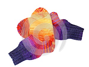Bright hand-knitted wool socks on a white background