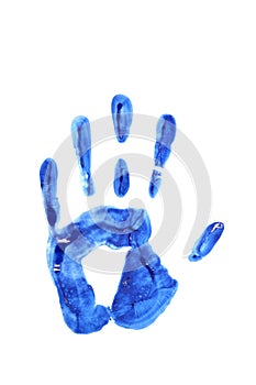 Bright handprint of paint on a white background