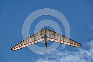 Bright hang glider wing silhouette from below