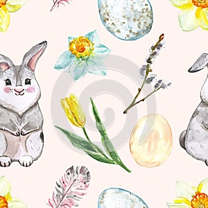 Bright happy Easter seamless pattern. Watercolor spring print with cute baby bunny, eggs, pussy willow branches, yellow daffodils