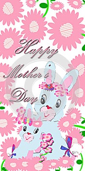 Bright `Happy Mother`s Day` light blue mother and daughter bunny rabbits with daisy flowers background greeting illustration 2022