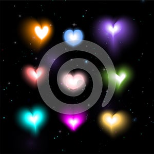 Bright hearts glow on black background. Vector illustration.