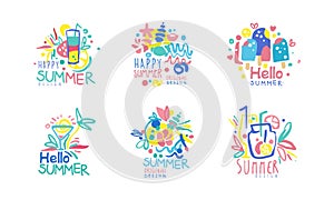 Bright Hello Summer Logo or Label for Seasonal Vacation Design Vector Set