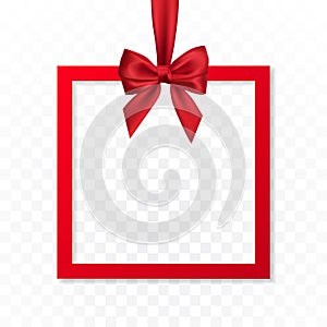 Bright holiday gift box frame banner hanging with red ribbon and silky bow on transparent background. Vector illustration