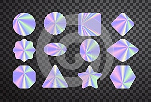 Bright hologram vector stickers on transparent backdrop.