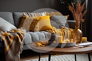 bright home decor sofa yellow cushion interior modern grey house pillow. Generative AI.