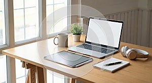 Bright Home Desk Setup with Plants Near the Window