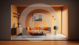 Bright home interior mock-up with orange sofa, coffee table, lamp and decor in living room, Generative AI
