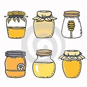 Bright honey jars set handdrawn doodle style different lids decorations. Organic natural honey