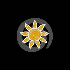 Bright hot sun or burning sunflower. Retro grunge icon with particles of debris. Isolated on black. Hot summer weather