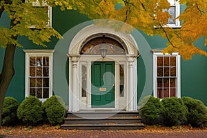 bright-hued colonial revival house with a door having an arched fanlight over it