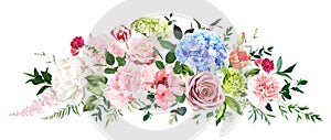 Bright hydrangea flowers, roses, tulips, peony, carnation, greenery and eucalyptus. Easter vector bouquet