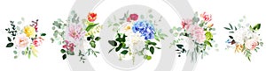 Bright hydrangea flowers, roses, tulips, peony, orchid, magnolia greenery and eucalyptus wedding vector