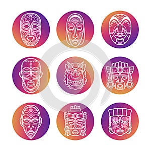 Bright icons with white african tribal vodoo masks