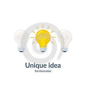 Bright idea concept with light bulb. Unique idea. Vector illustration isolated on white background.