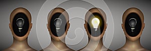 Bright idea concept, row of man heads with bulb inside and one in shine, be creative,