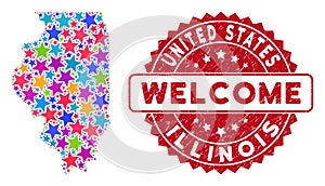 Colorful Star Illinois State Map Collage and Textured Welcome Seal