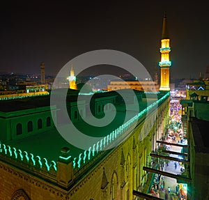 The bright illuminated Al-Hussein Mosque, Cairo, Egypt