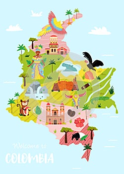 Bright illustrated map of Colombia. Travel banner