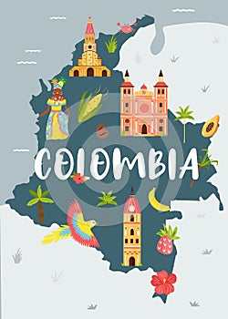 Bright illustrated map of Colombia. Travel banner
