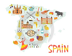 Bright illustrated map of Spain with symbols, icons, famous destinations, attractions